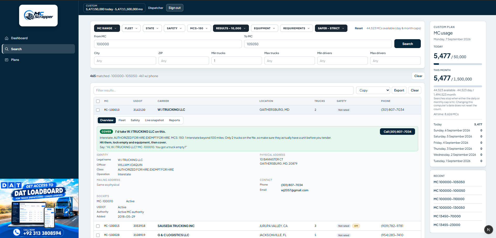 Carrier profile with identity, address, and contact details