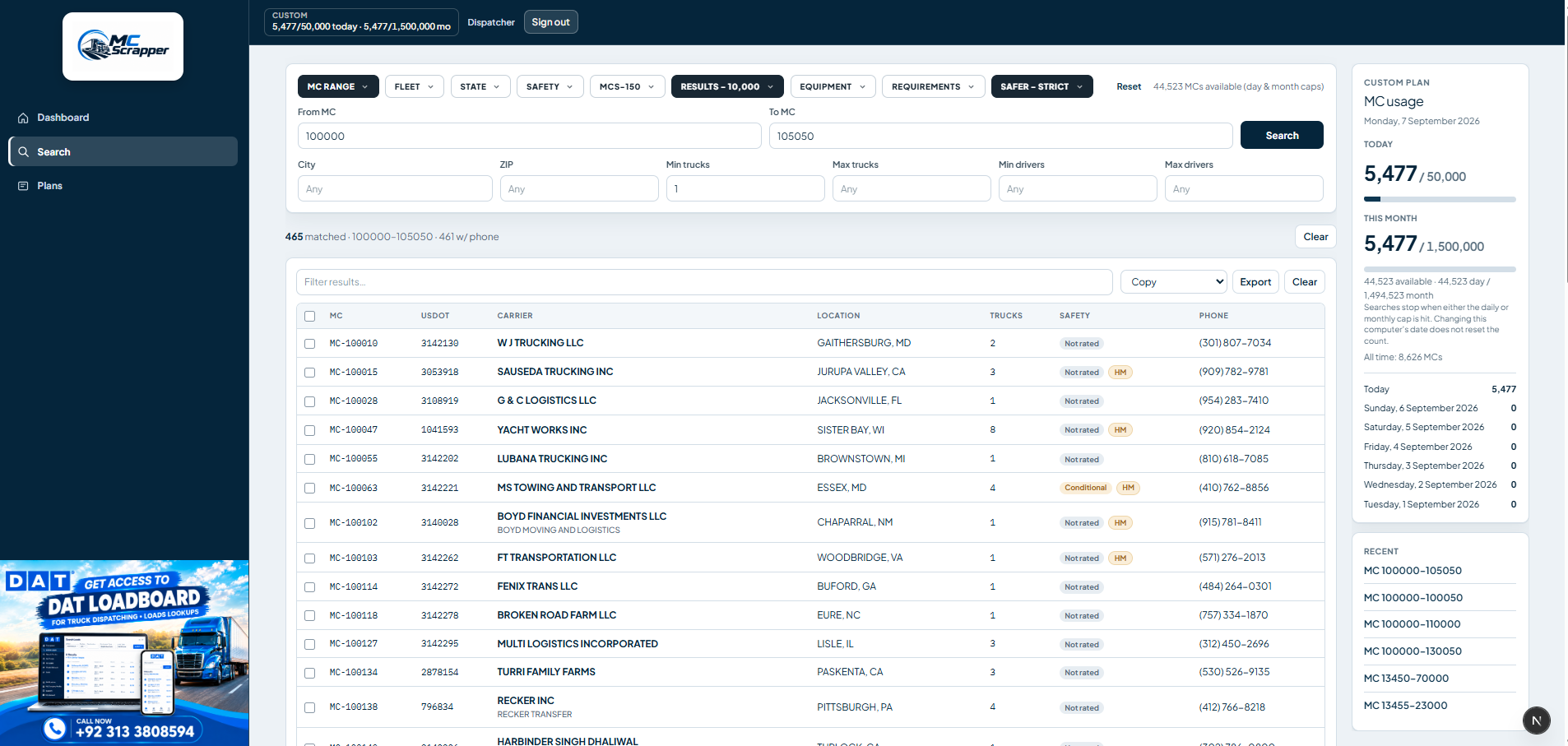 MC Scrapper search desk with filters and matched carriers